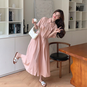 高级感粉色连衣裙女夏2024新款小清新简约韩系衬衫裙中长款爆款图片
