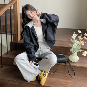 黑色大翻领棒球服外套女2025春季新款韩版小个子休闲宽松夹克上衣图片