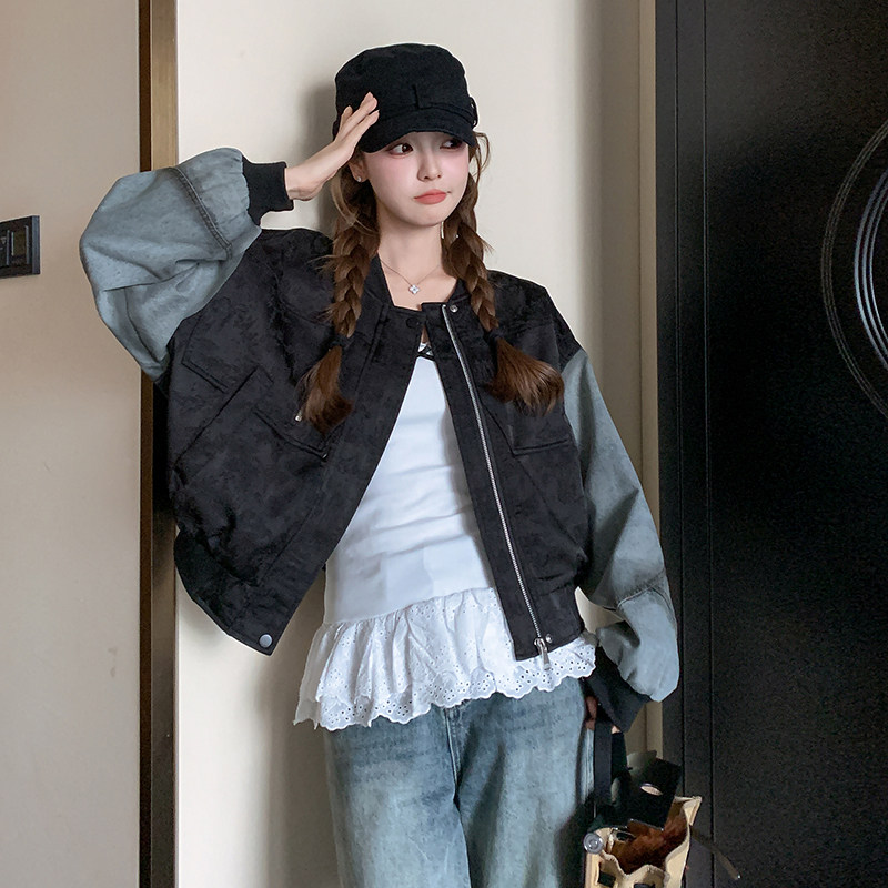 【现货】牛仔拼接提花棒球服外套157-9021-P155-K228，女装短外套，浙宝157（原165A）