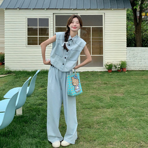 今年流行夏日baggy风穿搭女2025新款复古无袖牛仔上衣长裤两件套图片