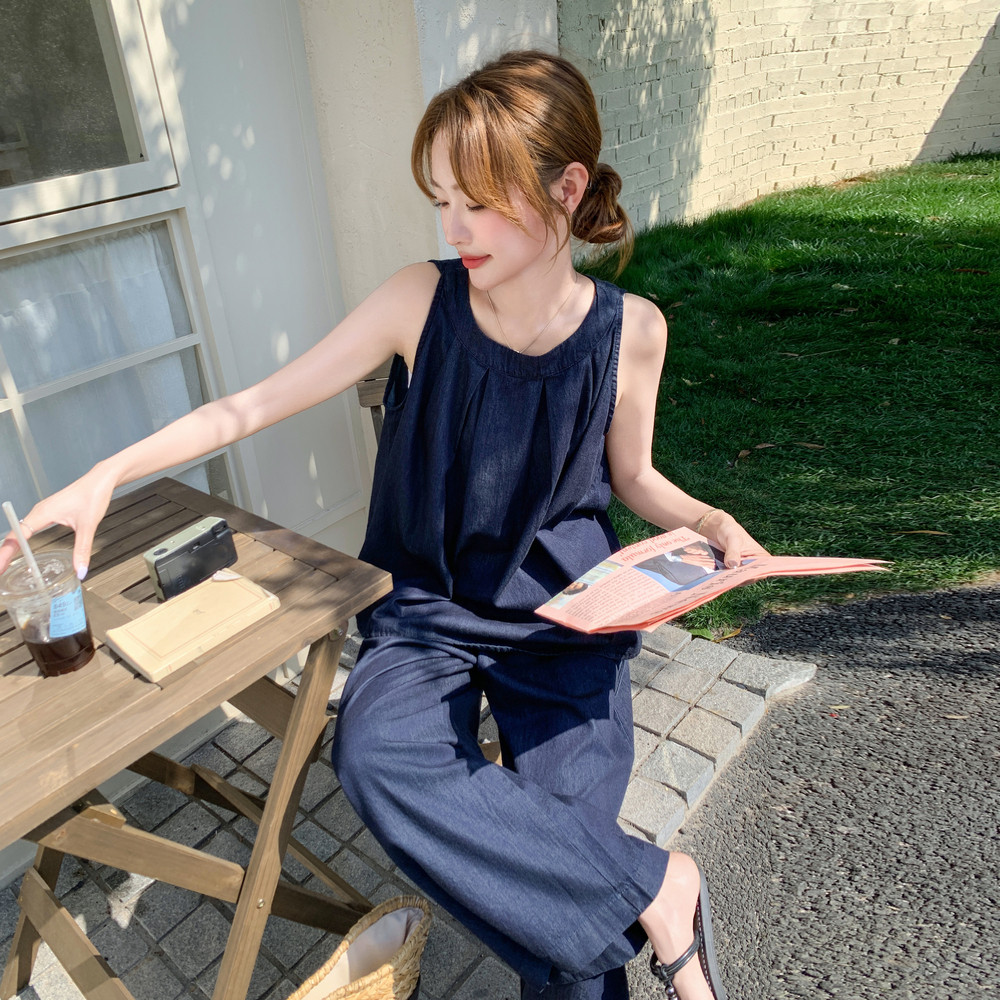 轻熟风韩系薄款牛仔无袖上衣套装女夏新款气质显瘦阔腿裤两件套潮,女装套装/套裙,浙宝157（原165A）
