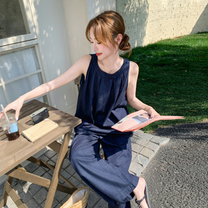 轻熟风韩系薄款牛仔无袖上衣套装女夏新款气质显瘦阔腿裤两件套潮图片