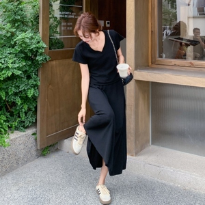 韩系黑色后腰镂空气质套装裙女夏2025新款穿搭上衣半身长裙两件套图片