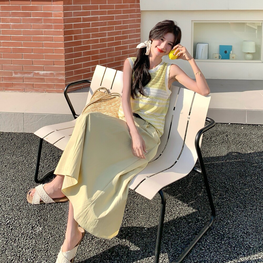 甜美黄色无袖针织衫半身裙套装女夏2025新款独特漂亮两件套巨好看,女装套装/套裙,浙宝157（原165A）