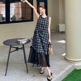 网纱拼接格子无袖连衣裙女2025夏季新款韩版复古宽松休闲a字长裙，女装连衣裙，浙宝157（原165A）