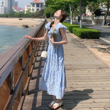 蓝色海边度假连衣裙女2025夏季新款小飞袖高级感减龄气质碎花长裙，女装连衣裙，浙宝157（原165A）