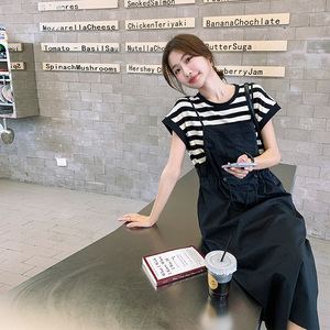 韩版假两件休闲吊带裙女夏季2025新款宽松收腰条纹T恤拼接连衣裙图片