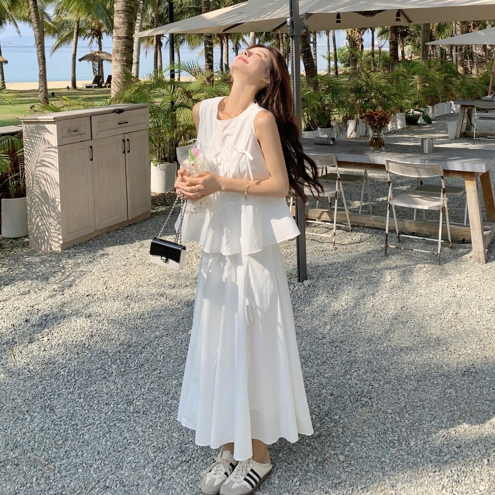 减龄少女风蝴蝶结白色无袖半身裙套装女夏2025新款独特绝美两件套,女装套装/套裙,浙宝157（原165A）