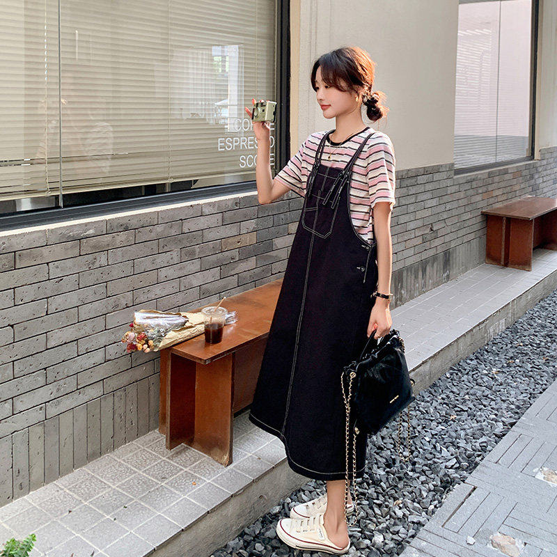 韩系学院风背带裙女夏季2025新款设计感条纹t恤连衣裙,女装连衣裙,浙宝157（原165A）