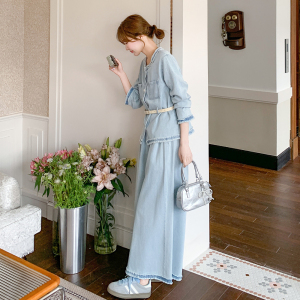 2025春秋新款韩系减龄木耳边牛仔外套长裤两件套女高级感休闲套装