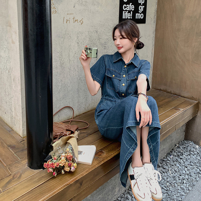 深蓝色复古牛仔连衣裙女2025夏季新款法式轻熟风气质显瘦衬衫长裙,女装连衣裙,浙宝157（原165A）