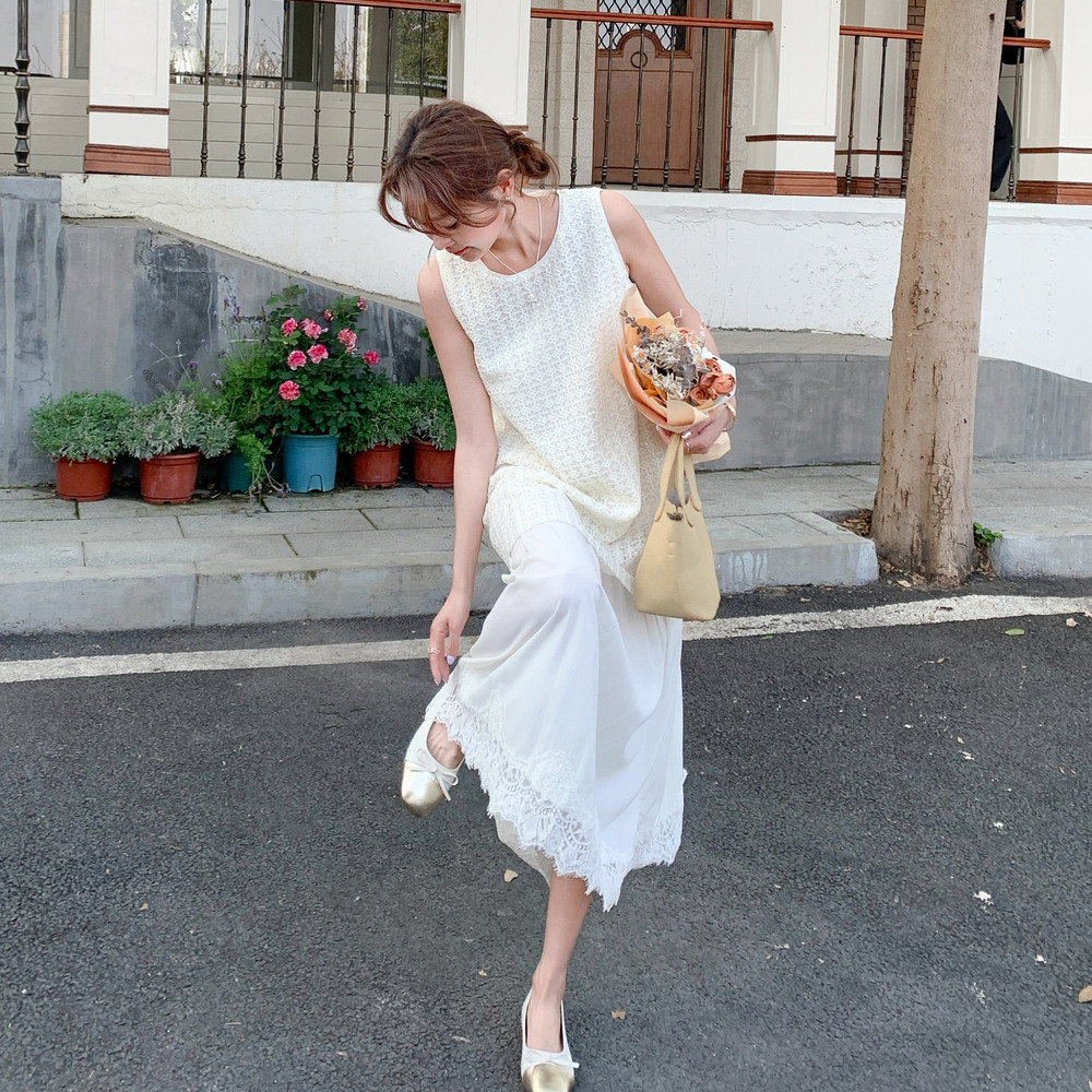 法式白色镂空假两件连衣裙女夏季2025新款超好看蕾丝花边背心长裙,女装连衣裙,浙宝157（原165A）
