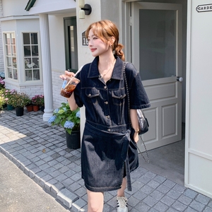 深蓝色韩系时尚牛仔连衣裙女夏新款小个子休闲显瘦轻薄宽松A字裙图片