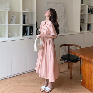 高级感粉色连衣裙女夏2024新款小清新简约韩系衬衫裙中长款爆款图片