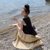 赫本风撞色V领无袖连衣裙女夏小众设计感流行超好看度假风高级感，女装连衣裙，浙宝157（原165A）