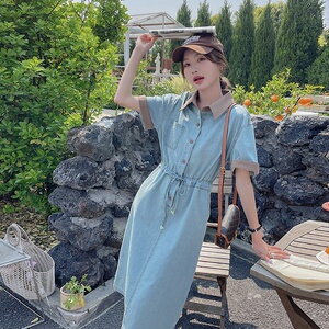 法式撞色牛仔连衣裙女2025夏季新款高级感气质收腰显瘦polo领裙子图片