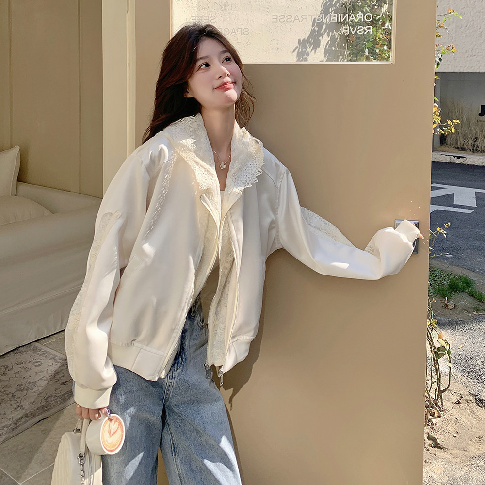 白色蕾丝拼接连帽棒球服女2025春季新款超好看洋气减龄小个子夹克图片