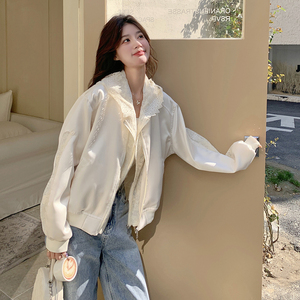 白色蕾丝拼接连帽棒球服女2025春季新款超好看洋气减龄小个子夹克图片