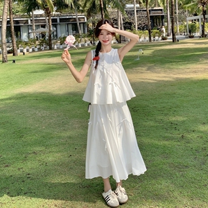 白色上衣半身裙休闲显瘦套装女2025夏季新款韩系减龄蝴蝶结两件套图片