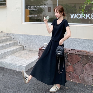 韩系黑色后腰镂空气质套装裙女夏2025新款穿搭上衣半身长裙两件套,穿搭流行女半裙图片