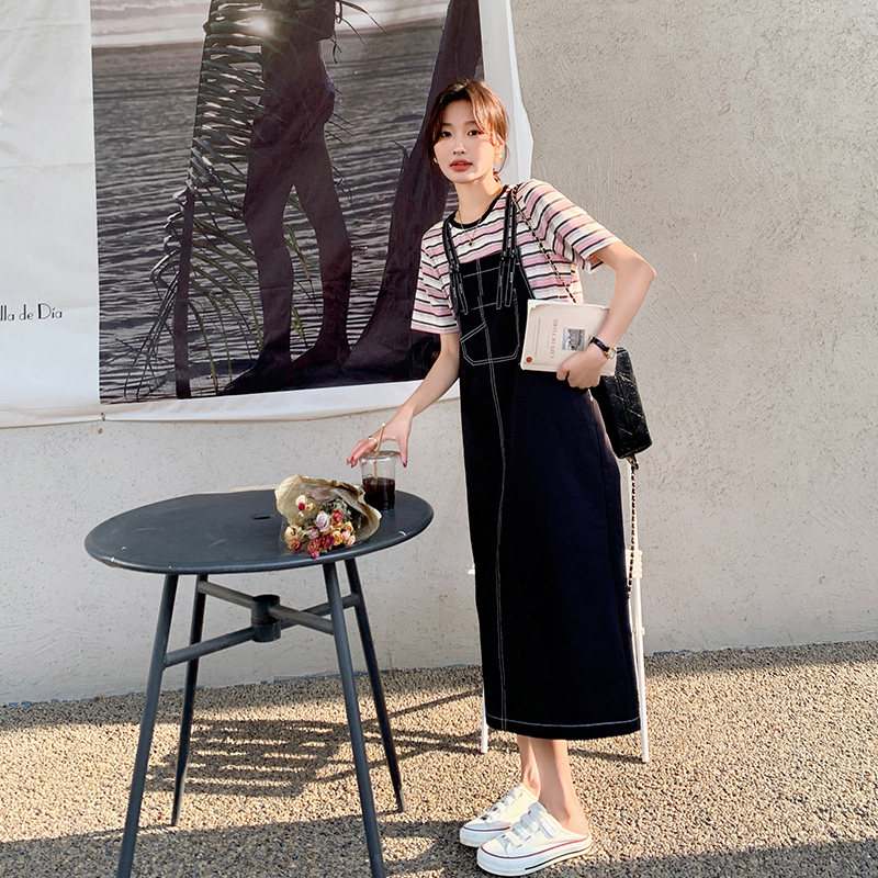 韩系学院风背带裙女夏季2025新款设计感条纹t恤连衣裙,女装连衣裙,浙宝157（原165A）