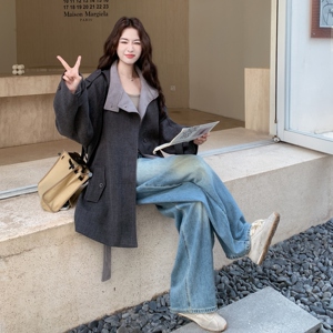 撞色拼接毛呢深灰色风衣外套女春秋季2025新款收腰显瘦小个子大衣图片
