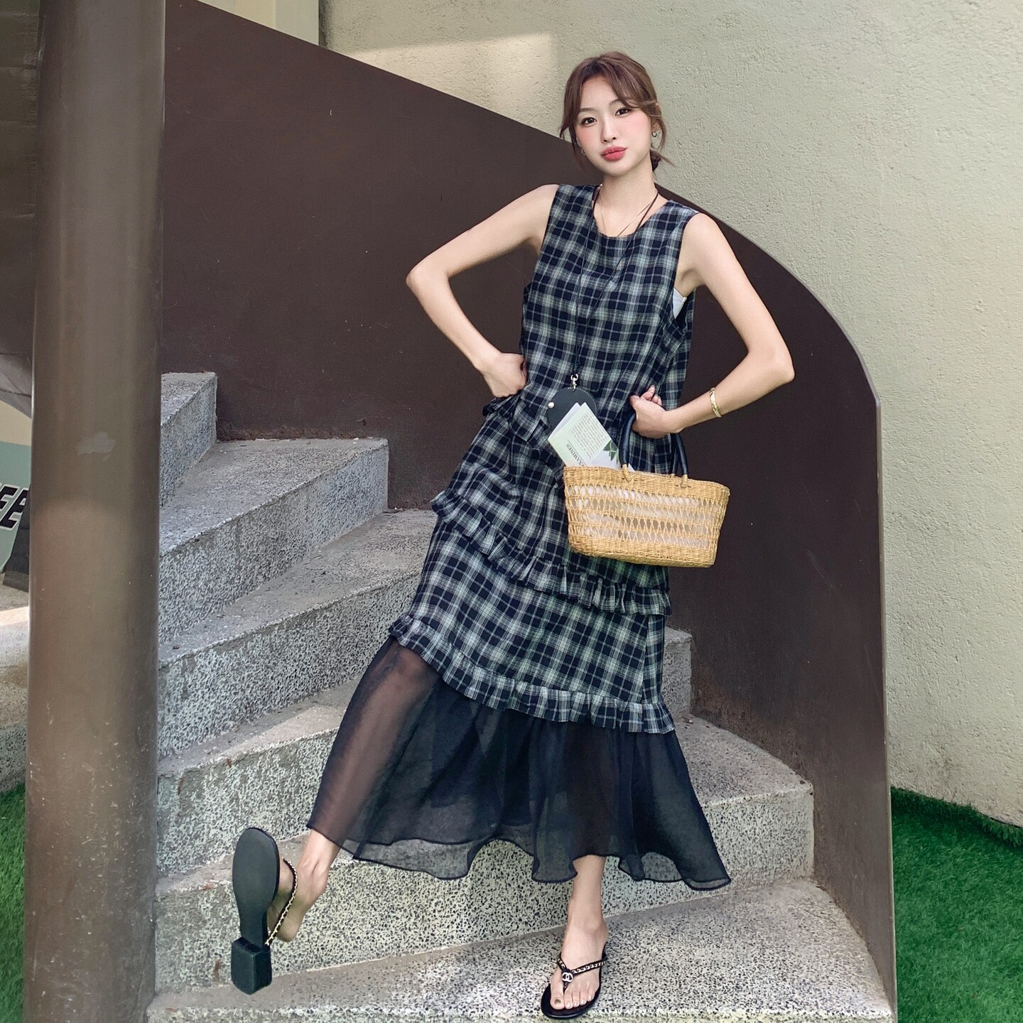 网纱拼接格子无袖连衣裙女2025夏季新款韩版复古宽松休闲a字长裙,女装连衣裙,浙宝157（原165A）