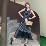 网纱拼接格子无袖连衣裙女2025夏季新款韩版复古宽松休闲a字长裙，女装连衣裙，浙宝157（原165A）