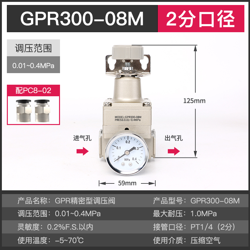 亚德客型精密调压阀GPR200-06/GPR300-08LO/M/H数显空气减压恒压