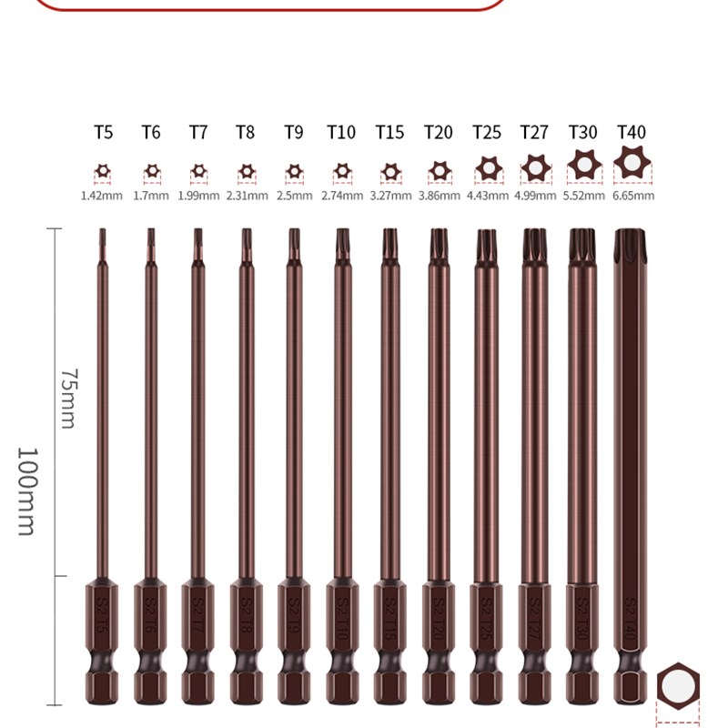 S2电动螺丝刀头带孔梅花头扳手T15花键六菱六星起子头T8T6T30批头