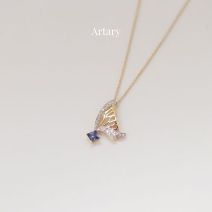 Artary 18k金天然蓝宝石项链 天然钻石蝴蝶吊坠首饰礼物