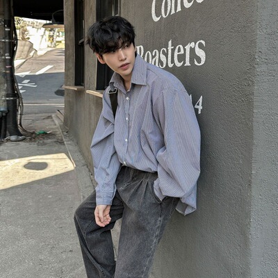 英国george melis日系条纹休闲衬衫男秋季宽松长袖衬衣潮流翻领