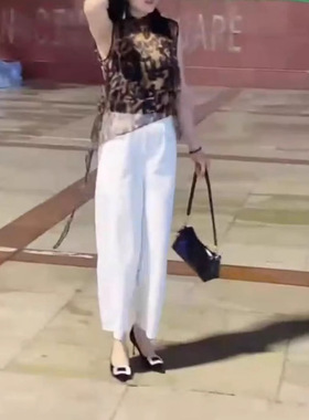 英国george melis夏季新款欧货洋气豹纹上衣高腰阔腿裤潮