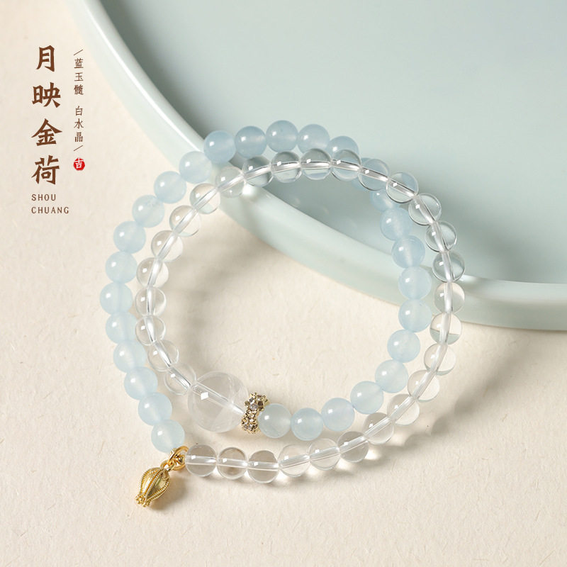 日系设计师topwhit白水晶手链礼物自然蓝玉髓6mm双圈手串女款轻