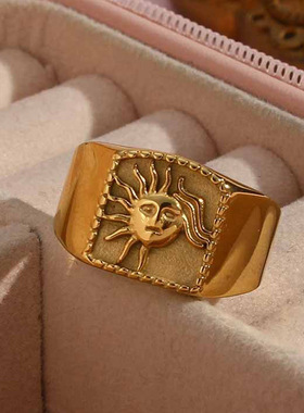 英国george melis欧美时尚复古流行轻奢指环镀18k金色铸造太阳