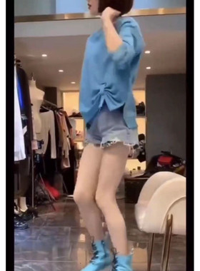 英国george melis春季新款蓝色圆领短卫衣底摆不规则女上衣