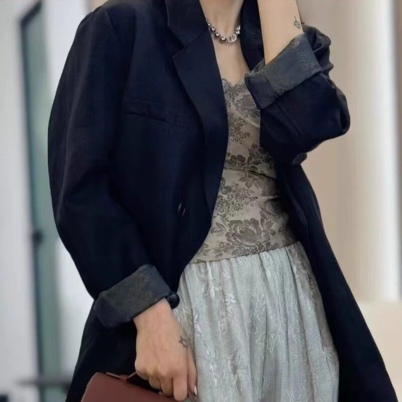 英国george melis黑色西装外套女春新款设计感宽松休闲老钱麻
