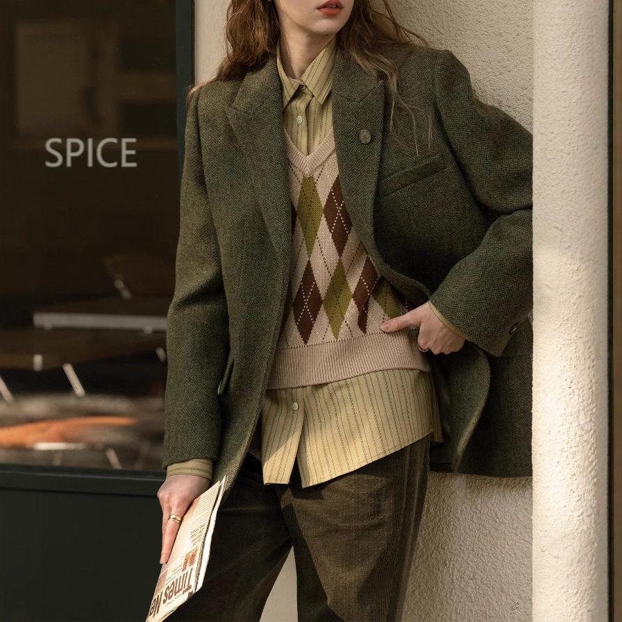 英国george melis新款复古人字纹绿色绵羊毛加厚呢子西装外套女