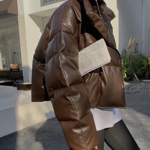 英国george melis棕色pu皮衣羽绒服女新款冬季女装立领短款外套