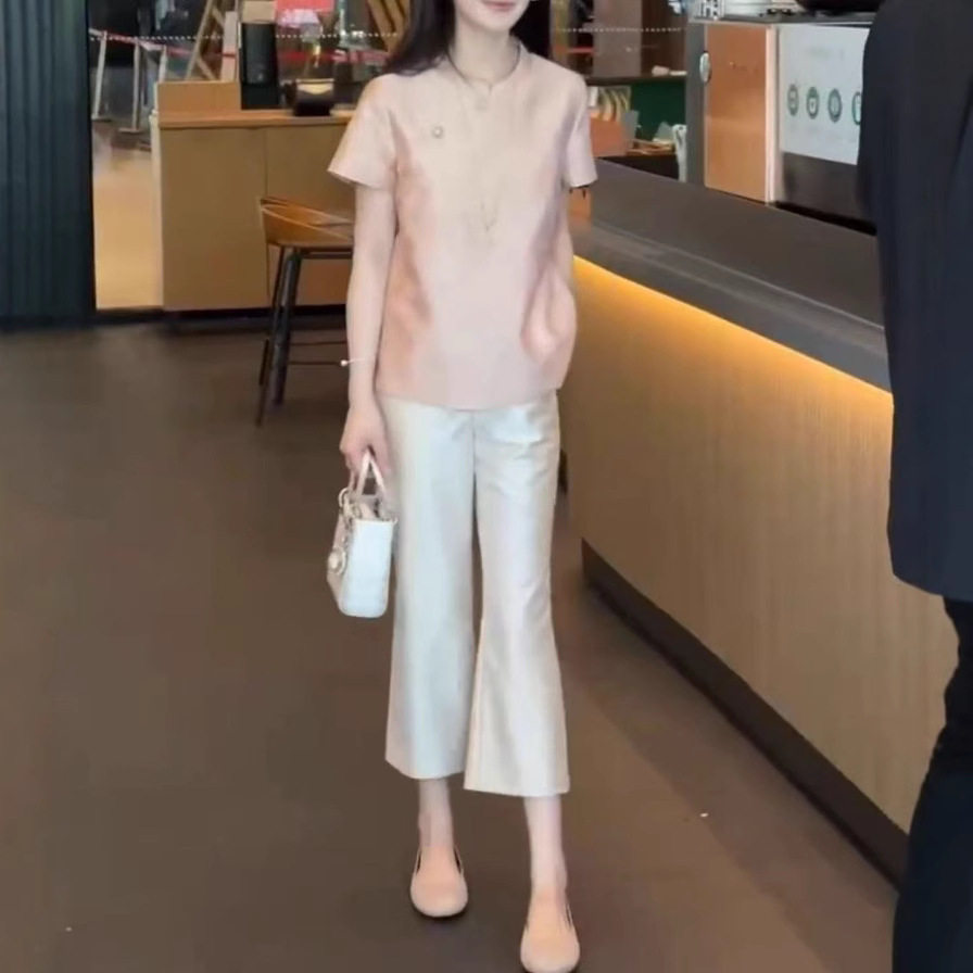 英国george melis夏季新款粉色中式国风宽松上衣高腰直筒裤女