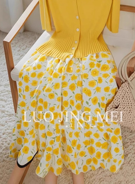 英国George Melis【套装】春夏款小香风黄色针织印花半身裙高级感