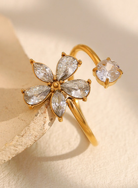 英国george melis欧美时尚气质个性小众手饰镀18k金锆石花朵开口