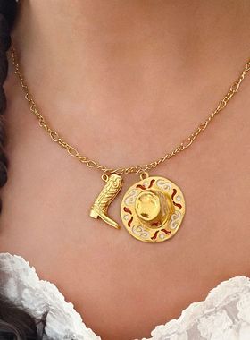 英国george melis独立站时尚复古牛仔靴吊坠帽子项链小众女锁骨