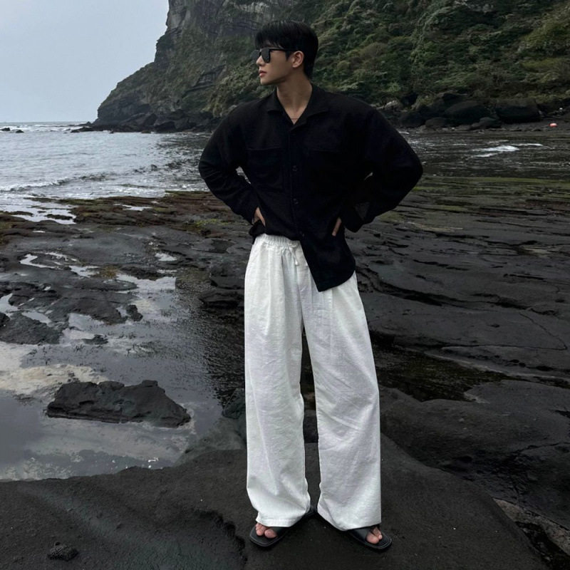 英国george melis亚麻直筒休闲裤子男春季宽松阔腿长裤潮流慵懒