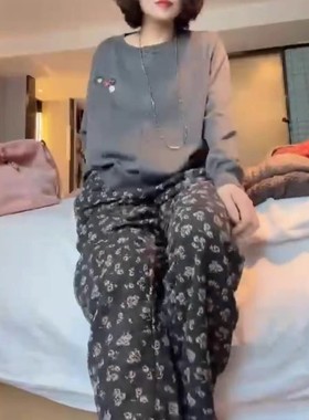 英国george melis春季新款长袖单排扣开衫印花阔腿裤女潮