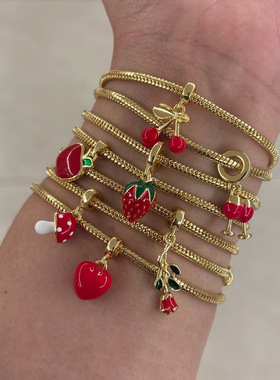 英国george melis草莓樱桃时尚感手链吊坠彩色滴油保色水果系列