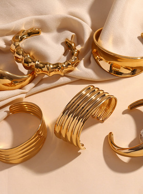 英国george melis欧美简约小众多层光面手饰镀18k金立体竹节开口