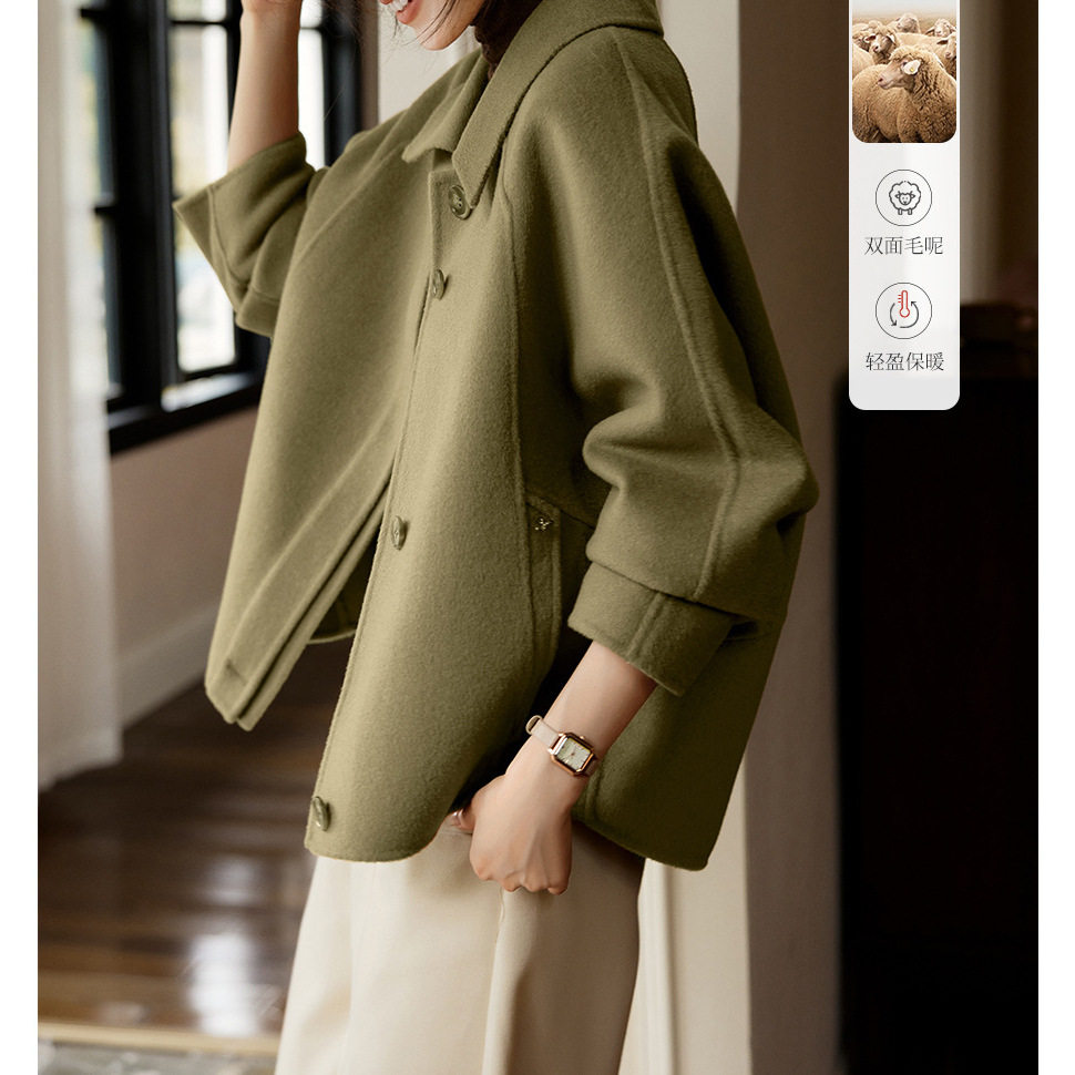 英国george melis短款手工双面羊毛大衣女秋冬新款翻领设计感毛