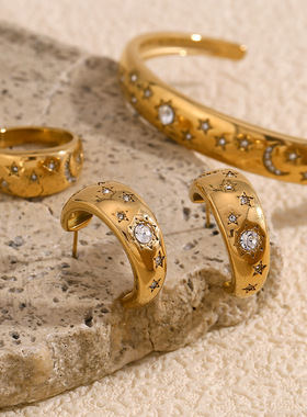 英国george melis欧美时尚气质个性戒指镀18k金白钻星星月亮手镯