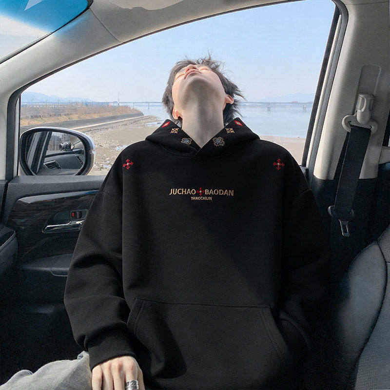 cleanfit黑色卫衣男春季美式扎染刺绣连帽重磅廓形套头衫潮牌外套